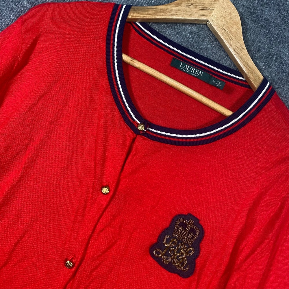 Lauren Ralph Lauren Cardigan Women 2X Red Crest Gold Button Preppy Old Money